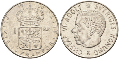 Швеция 1 крона 1960 TS, Густав VI Адольф (1950-1973) KM 826 серебро 4150-113