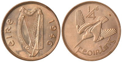 ИРЛАНДИЯ 1 ФАРТИНГ 1946 ВАЛЬДШНЕП KM 9 бронза UNC 4383-1122
