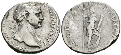 Римская Империя денарий 103 - 104 Траян SPQR OPTIMO PRINCIPI Виртута, персонификация Доблести Рим Very fine RIC 289 серебро 1073-4-43