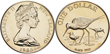 Новая Зеландия 1 доллар 1985 птица черный ходулочник (Black Stilt), Елизавета II (1952-2022) KM 55 медно-никель UNC 61-1025