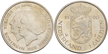 Нидерланды 1 гульден 1980 на коронацию Беатрикс, 30 апреля 1980 KM 200 никель 31-837