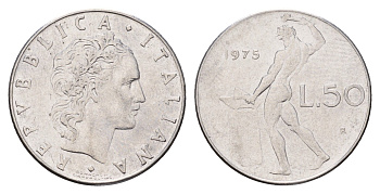 Италия 50 лир 1975 R, бог огня Вулкан у наковальни KM 95.1 нержавеющая сталь 186-951