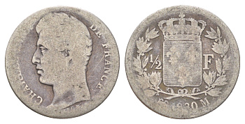 Франция 1/2 франка 1830 M, Карл X (1824-1830), всего 7820 экземпляров KM 723.9 серебро 00-819-06