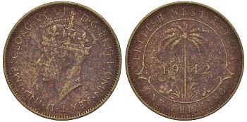 Британская Западная Африка 1 шиллинг 1942 Георг VI KM 23 никель латунь 25-2314