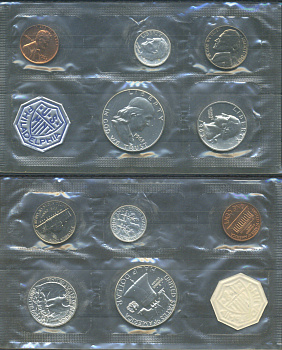 США набор из 5 монет (1, 5, 10 (дайм), 25 (квотер, 1/4 доллара) и 50 (1/2 доллара) центов) и отметки монетного двора 1963 P, в оригинальной упаковке, в запайке KM MS116 (164, A192, 195, 199 и 201) UNC 8-2-06-04