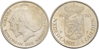 Нидерланды 1 гульден 1980 на коронацию Беатрикс, 30 апреля 1980 KM 200 никель 31-837