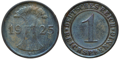 ГЕРМАНИЯ 1 РЕЙХСПФЕННИГ 1925 E KM 37, J. 313 бронза 72-1139
