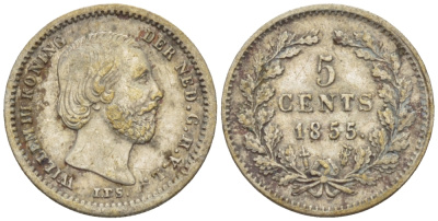 Нидерланды 5 центов 1855 Виллем III (1849-1890) KM 91 серебро 66-1224