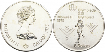 Канада 5 долларов 1975 XXI летние Олимпийские игры в Монреале 1976 года, марафон KM 98 серебро UNC 1091-3-12
