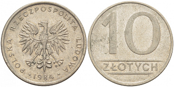 ПОЛЬША 10 ЗЛОТЫХ 1984 MW KM 152.1 медно-никель 213-827