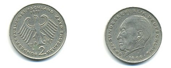 ФРГ 2 МАРКИ 1971 F, КОНРАД АДЕНАУЭР KM 124, J. 406 медно-никель плакированный никелем плакированный никелем 54-2352
