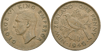 Новая Зеландия 1 пенни 1946 Георг VI (1936-1952), новозеландский туи KM 13 бронза 32-543