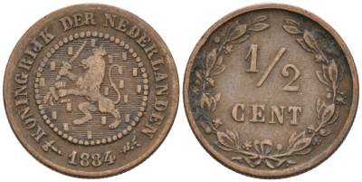 Нидерланды 1/2 цента 1884 Виллем III (1849-1890) KM 109 бронза 4576-261