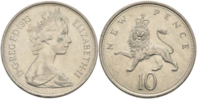 Великобритания 10 пенсов 1973 Елизавета II (1952-2022) KM 912, Spink 4231 (F1) медно-никель 4683-423