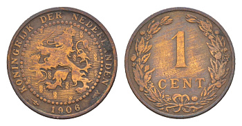 Нидерланды 1 цент 1906 Вильгельмина (1890-1948) KM 132 бронза 73-625