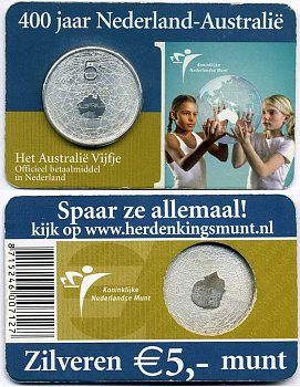 Нидерланды 5 евро 2006 400 лет открытия Австралии в 1606 году голландским капитаном Биллемом Янсоном, в оригинальном буклете KM 255 серебро UNC 2-5-2-41