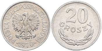 ПОЛЬША 20 ГРОШЕЙ 1970 MW KM А47 алюминий 4516-422