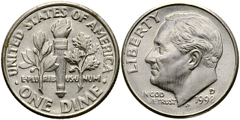 США 10 ЦЕНТОВ = 1 ДАЙМ 1998 D, РУЗВЕЛЬТ KM 195а медь плакированная медно-никелем 46-1116