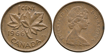 Канада 1 цент 1966 Елизавета II (1952-2022), кленовый лист KM 59.1 бронза 4528-728