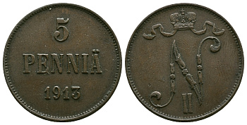 Россия для Финляндии 5 пенни 1913 Николай II (1894-1917) КМ 15, Биткин 453 медь 4382-834