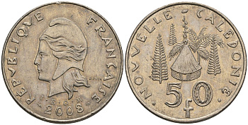 Французская Новая Каледония 50 франков 2008 хижина среди сосен и пальм, (IEOM) KM 13a, Schoen 15a, Lec 128i медно-никель 4111-336