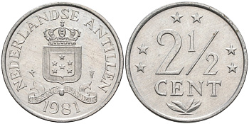 Нидерландские Антилы 2 1/2 цента 1981 Беатрикс (1980-2013) KM 9а алюминий 4586-756