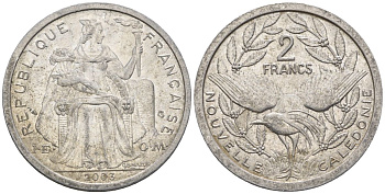 Французская Новая Каледония 2 франка 2003 птица кагу, (IEOM) KM 14, Schoen 11, Lec 68h алюминий    28-841