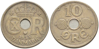 ДАНИЯ 10 ЭРЕ 1935 N ; GJ, КРИСТИАН X (1912-1947) KM 822.2 медно-никель 4383-122