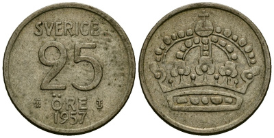 Швеция 25 эре 1957 T;S, Густав VI Адольф (1950-1973) KM 824 серебро 4136-913