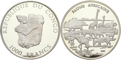 Конго 1000 франков 2002 Африканская фауна серебро PROOF 1077-3-54