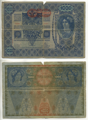 АВСТРИЯ 1000 КРОН 1919 КРАСНАЯ ГОРИЗОНТАЛЬНАЯ НАДПЕЧАТКА НА 1902 Pick 60 бумага 6299-34-3