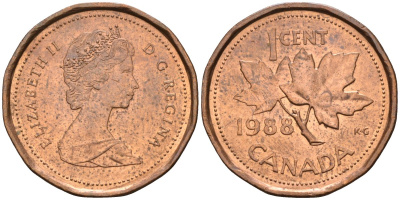 Канада 1 цент 1988 кленовый лист, Елизавета II (1952-) KM 132 бронза 4580-353