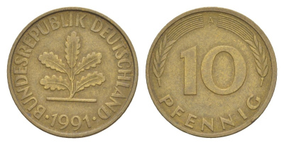 Германия 10 пфеннигов 1991 A KM 108, J. 383 сталь плакированная латунью 4627-128