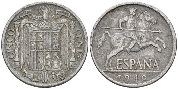 Испания 5 сентимо 1940 всадник KM 765 алюминий 4116-1046