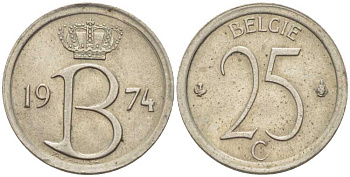 БЕЛЬГИЯ 25 САНТИМОВ 1974 BELGIE KM 154.1 медно-никель 4387-1159