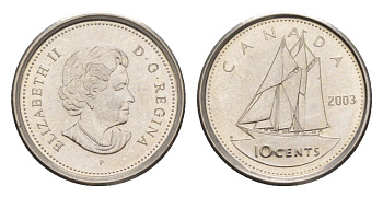 Канада 10 центов 2003 P, Елизавета II (1952-2022), парусник KM 492 сталь плакированная никелем UNC 4630-855
