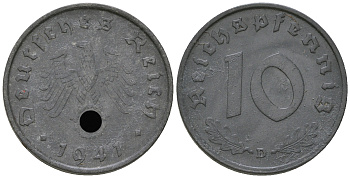Германия 10 рейхспфеннигов 1941 D J. 371, KM 101 цинк  3459-555