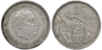 ИСПАНИЯ 25 ПЕСЕТ 1957 (66) ФРАНСИСКО ФРАНКО ДИКТАТОР ИСПАНИИ (1939-1975) KM 787 медно-никель 45-1044