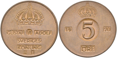 Швеция 5 эре 1970 U, Густав VI Адольф (1950-1973) KM 822 бронза 4557-833