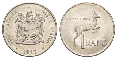 ЮАР 1 ранд 1977 антилопа спрингбок, герб KM 88a никель UNC 4645-921