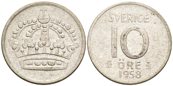 Швеция 10 эре 1958 TS, Густав VI Адольф (1950-1973) KM 823 серебро 192-149