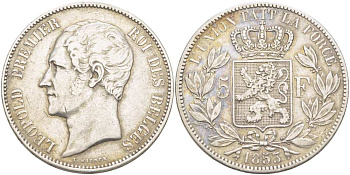 Бельгия 5 франков 1853 Леопольд I (1831-1865) KM 17 серебро 4184-535