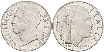 ИТАЛИЯ 20 ЧЕНТЕЗИМО 1941 R, ГОД XIX, ВИКТОР ЭММАНУИЛ III (1900-1946) KM 75b, VEM3. 1028 нержавеющая сталь 3853-733