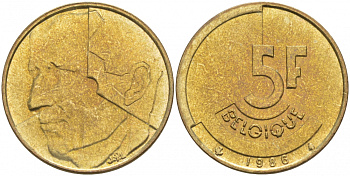 БЕЛЬГИЯ 5 ФРАНКОВ 1986 BELGIQUE KM 163 латунь или алюминевая бронза 68-523