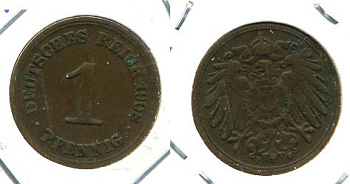 ГЕРМАНИЯ 1 ПФЕННИГ 1908 F KM 10, J 10 медь 701-323