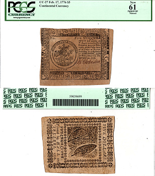 США, Континентальный доллар (Continental Currency) 5 долларов 1776 17 февраля 1776 г. Без номера. Friedberg № СС-27. В холдере компании PCGS Currency. Сохранность - «61 Apparent». Ручной сбор колючих растений Friedberg № СС-27. Pick S127  бумага 10-2-40
