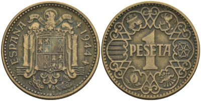 Испания 1 песета 1944 национальное правительство (1939 - 1947) KM 767 алюминиевая бронза 4155-312