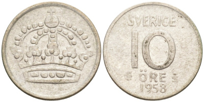 Швеция 10 эре 1958 TS, Густав VI Адольф (1950-1973) KM 823 серебро 192-149