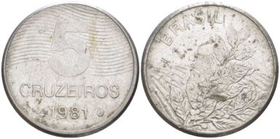 БРАЗИЛИЯ 5 КРУЗЕЙРО 1981 РЕФОРМА 1967-1985, КОФЕ KM 591 нержавеющая сталь 4385-533