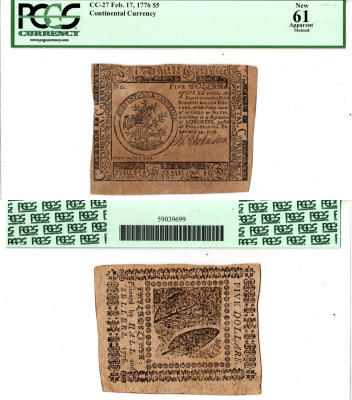 США, Континентальный доллар (Continental Currency) 5 долларов 1776 17 февраля 1776 г. Без номера. Friedberg № СС-27. В холдере компании PCGS Currency. Сохранность - «61 Apparent». Ручной сбор колючих растений Friedberg № СС-27. Pick S127  бумага 10-2-40